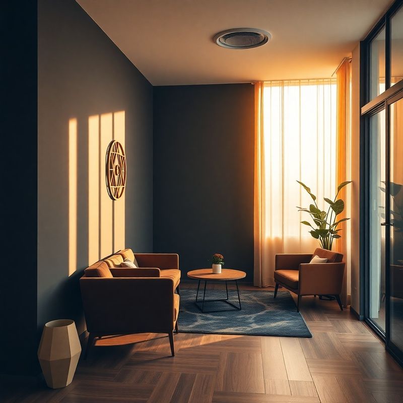 Zonă minimalistă de recepție într-un birou de consultanță în tonuri de cărbune și auriu