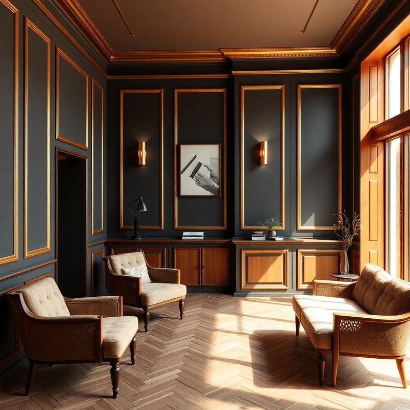 Interior sofisticat al biroului InsightRoute din Craiova, tonuri de cărbune și auriu